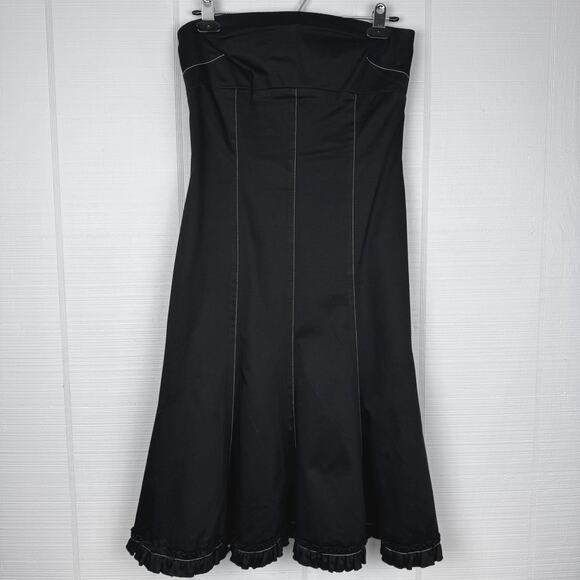 Ruth Anthropologie Black Strapless A-line Dress White Stitching Ruffle Hem 4 Y2K - Picture 1 of 9